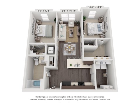 Floor plan for 2 beds, 1 bath, 911 sqft